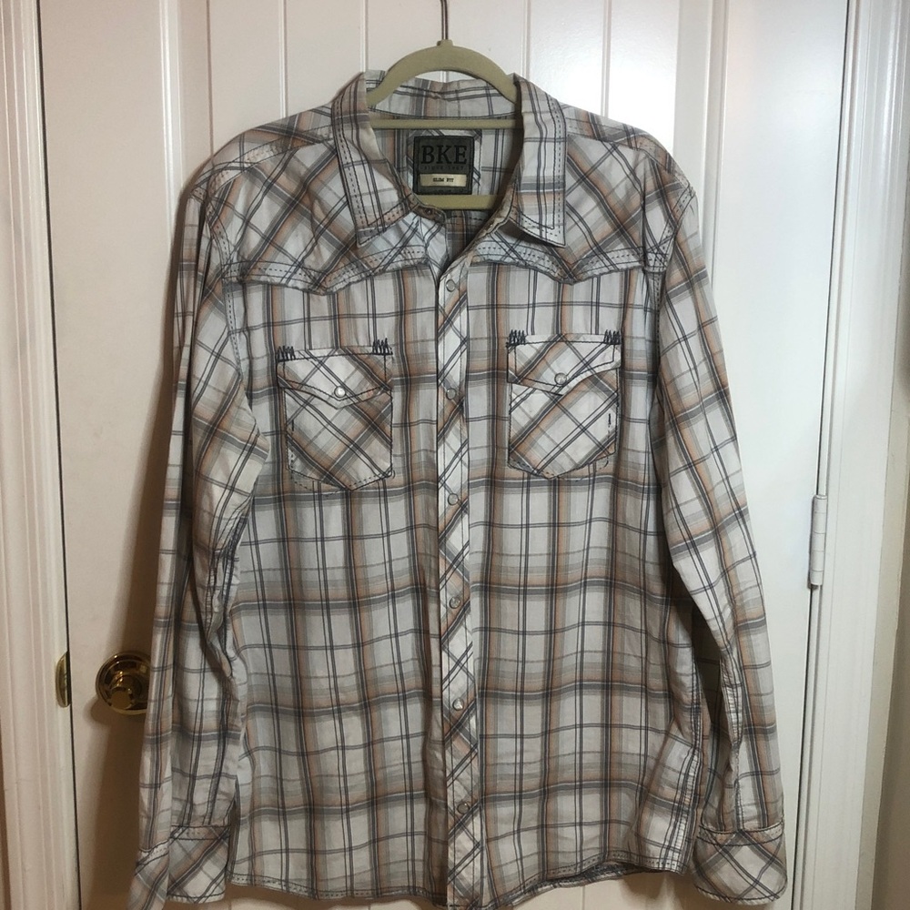 BKE Checkered Long Sleeve Shirt in Brown, Grey and White